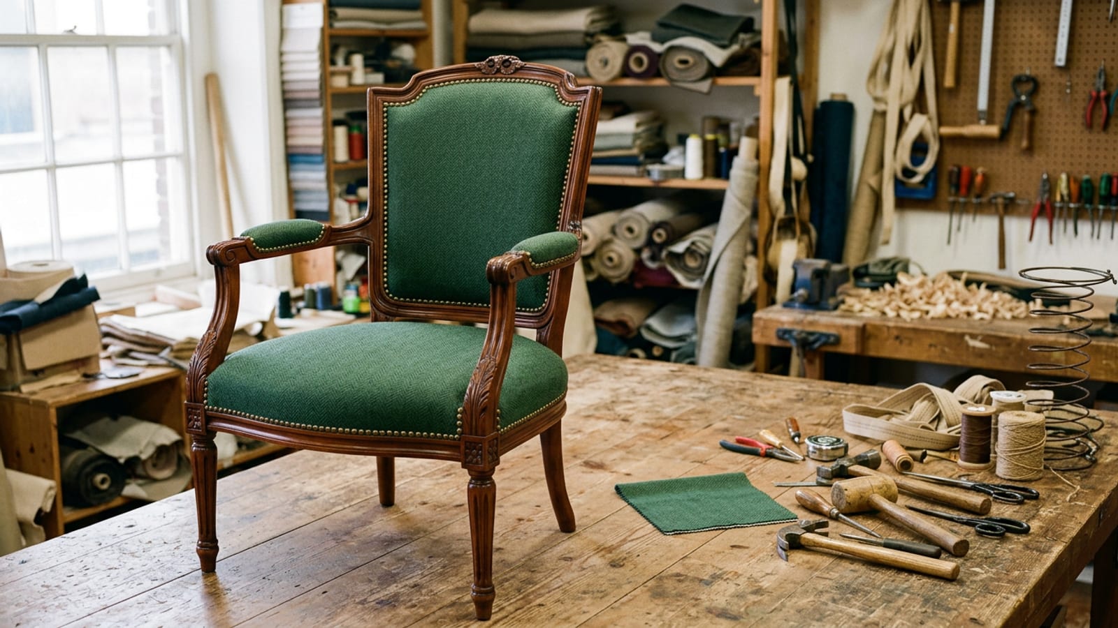 Antique wood-frame chair restored with green upholstery in a professional upholstery workshop