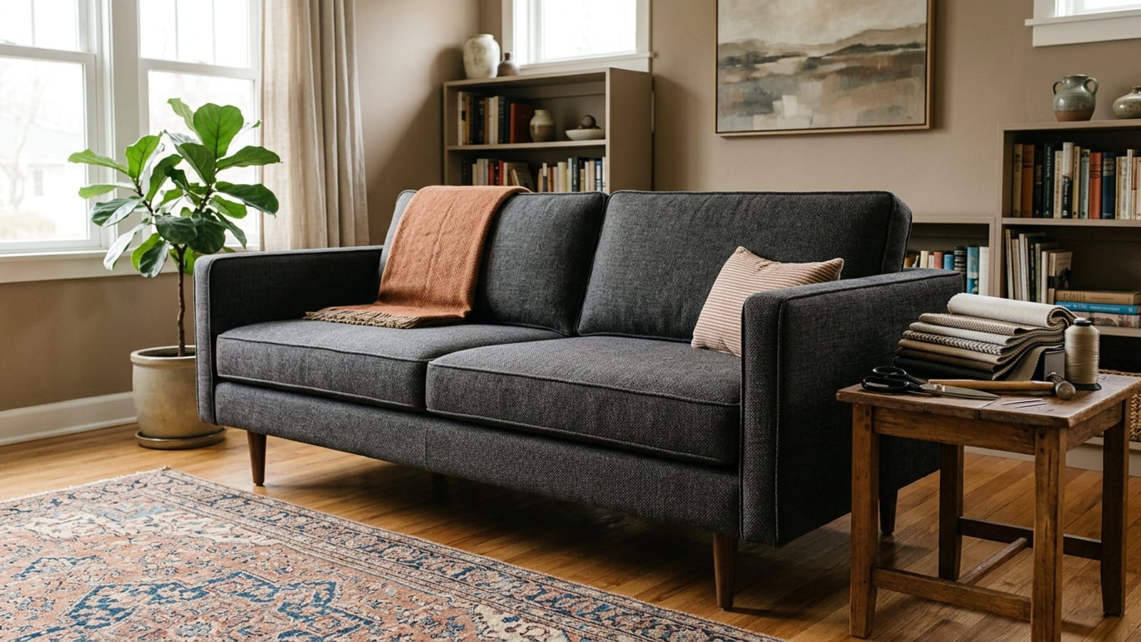 Photorealistic sofa being reupholstered on a work table in a bright workshop near Morganton, North Carolina