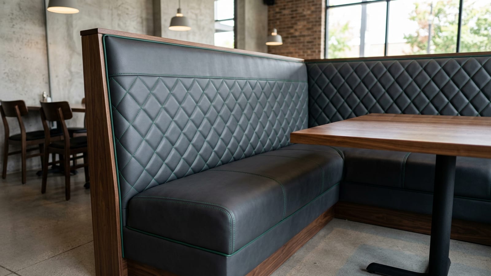 Newly reupholstered restaurant booth seating in deep charcoal commercial vinyl