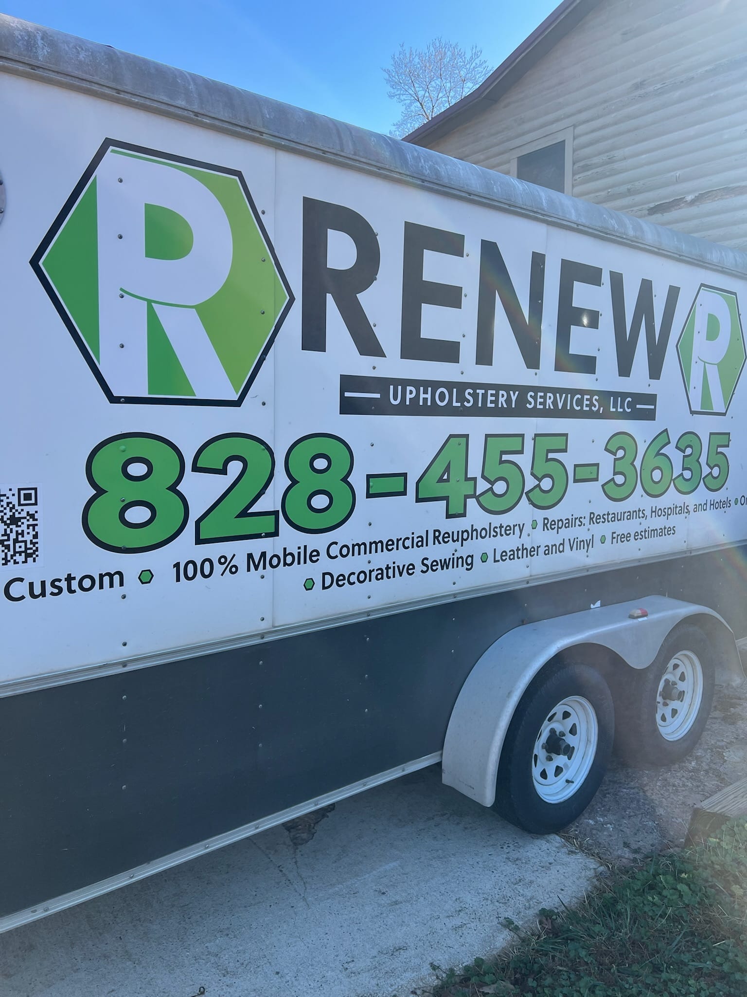 Renew Upholstery enclosed trailer used for free pickup and delivery across western NC and Charlotte metro